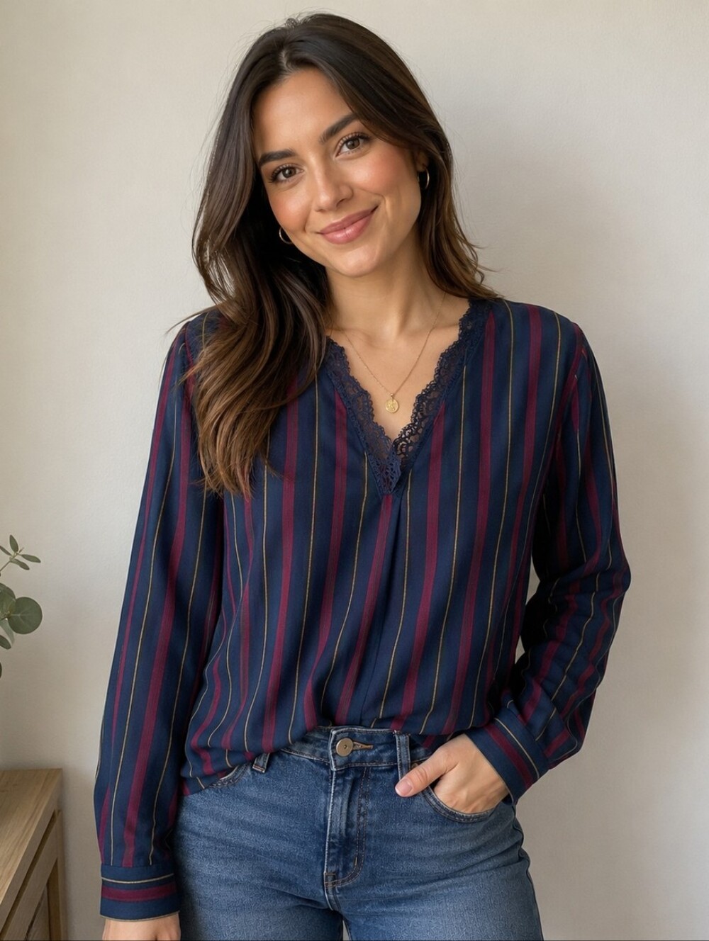 5/25$ Dex Striped Navy, Burgundy & Mustard Lace-Trim V-Neck Blouse